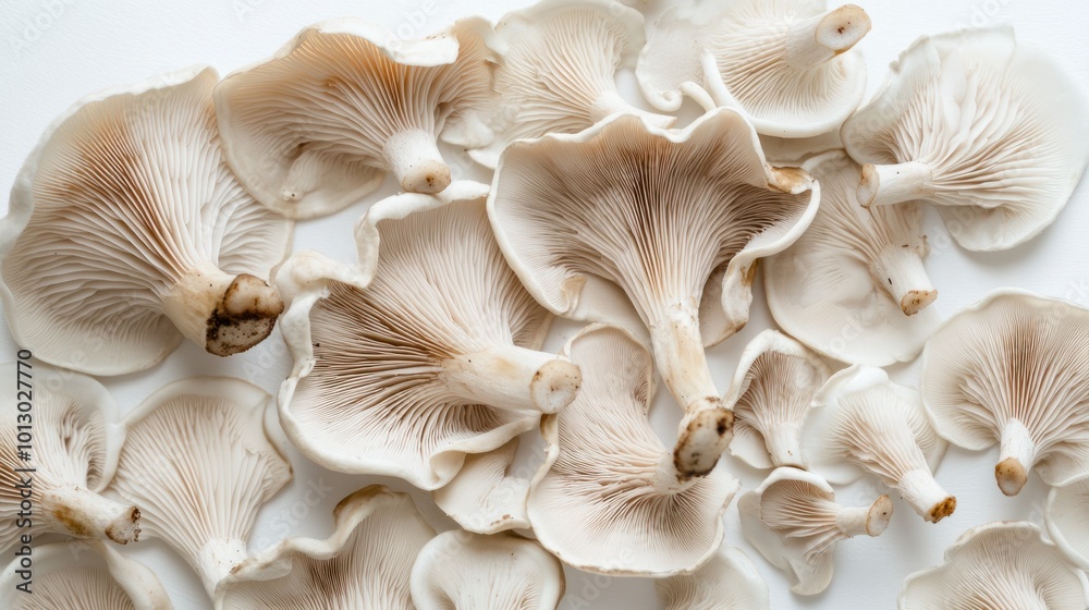 Fresh oyster mushrooms with delicate gills and soft texture, arranged on a white background Fresh oyster mushrooms with delicate gills and soft texture, arranged on a white background