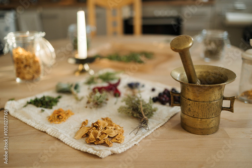 Process of preparing nutritional supplements to improve human immunity and health. Dried herbs and seasonings. Mortar and pestle