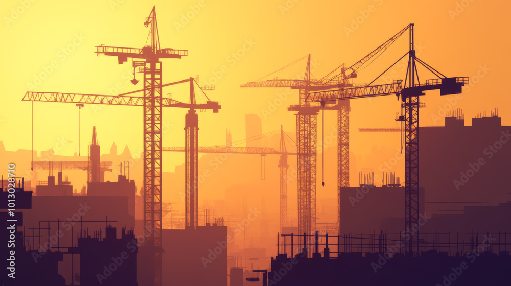 A simple, digital picture of a construction site with many tall cranes ...