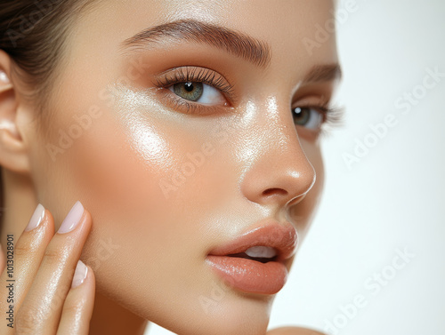 Close up of female face showcasing realistic skin texture, highlighting natural beauty and glowing complexion. soft lighting enhances features and creates inviting expression