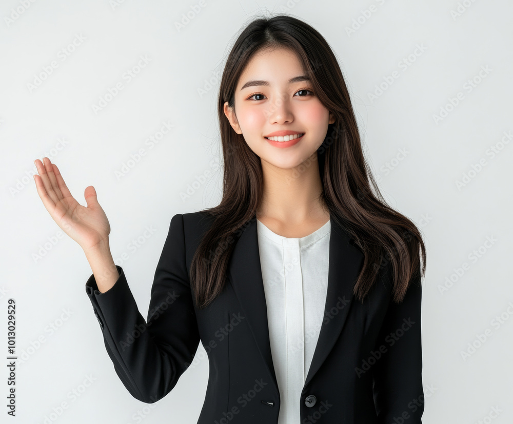 confident Asian woman in black suit is raising one hand to present something, showcasing professionalism and approachability. Her smile adds warmth to business setting confident Asian woman in black suit is raising one hand to present something, showcasing professionalism and approachability. Her smile adds warmth to business setting