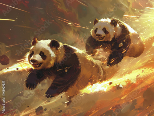 Panda runs to escape the explosion and destruction of the forest.