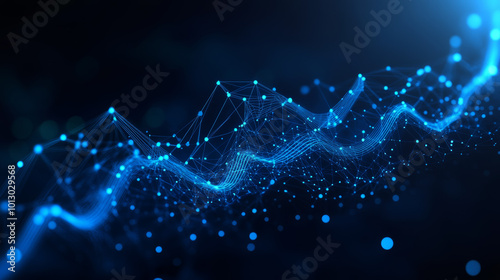 A sleek, dark blue 3D chart shows growth. It represents business, finance, and data analysis.This digital chart uses connected dots, lines, and shapes.The low-poly style looks like a starry night sky. photo