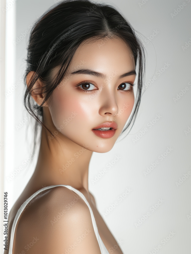 stunning Asian woman poses gracefully, showcasing her flawless skin and elegant makeup in soft, natural light. Her expression exudes confidence and beauty, perfect for cosmetics advertising