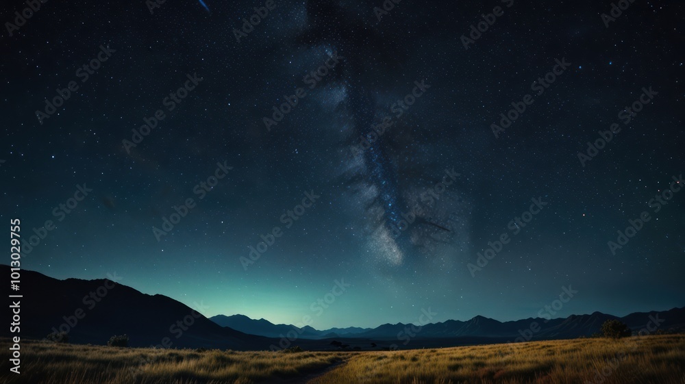 A breathtaking view of the Milky Way galaxy above a dark, mountain-lined landscape. The stars are visible against a dark blue sky, and the Milky Way stretches across the sky, A breathtaking view of the Milky Way galaxy above a dark, mountain-lined landscape. The stars are visible against a dark blue sky, and the Milky Way stretches across the sky,