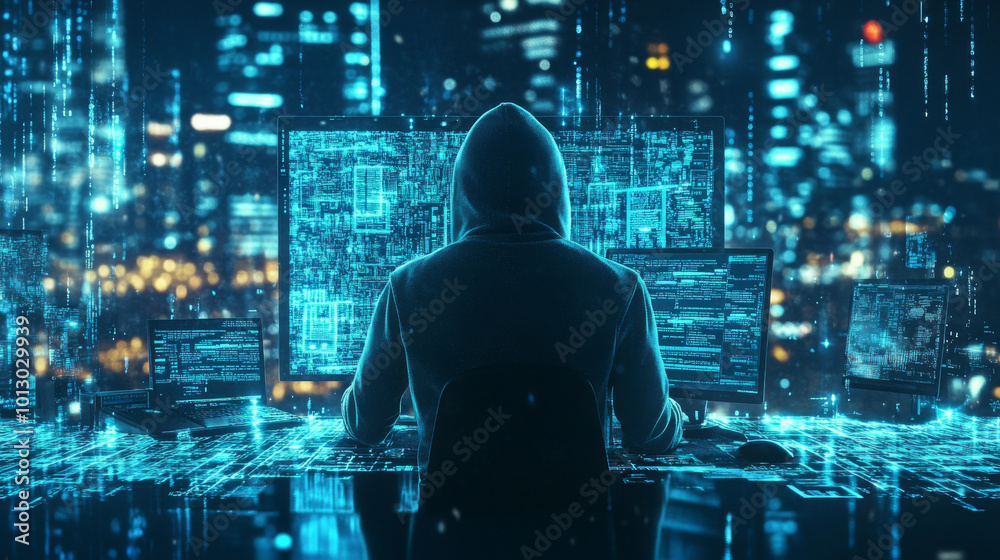 A mysterious figure, hidden in a hoodie, sits at a computer, representing the dangers of cyberattacks. This 3D image highlights the potential for data breaches and online fraud. A mysterious figure, hidden in a hoodie, sits at a computer, representing the dangers of cyberattacks. This 3D image highlights the potential for data breaches and online fraud.