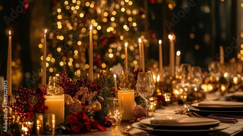 Christmas Decor with candles and lamps for a large party or banquet