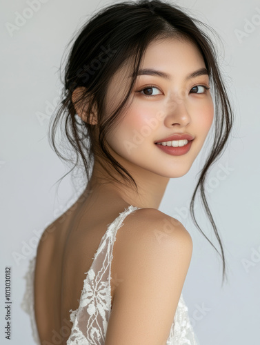 Elegant Asian female model with soft makeup and delicate lace dress, showcasing serene expression and natural beauty