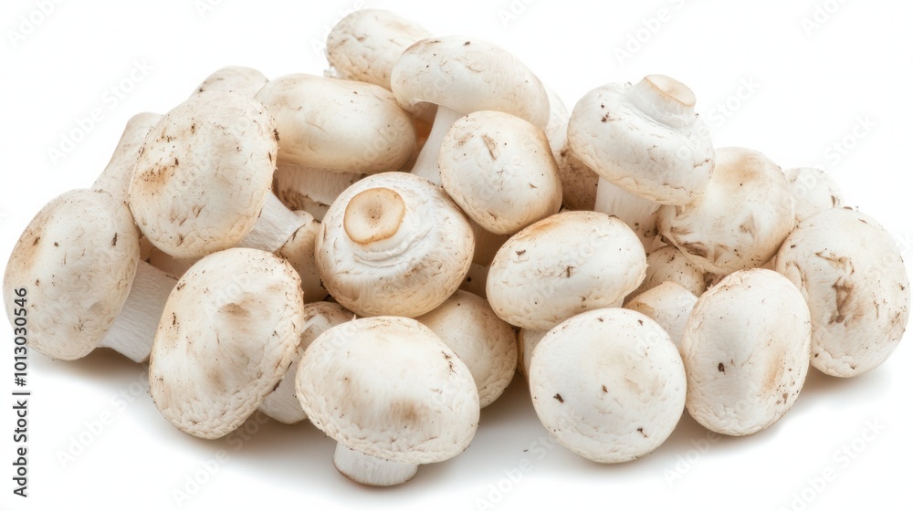 Freshly harvested white button mushrooms with clean, round caps, isolated on white Freshly harvested white button mushrooms with clean, round caps, isolated on white