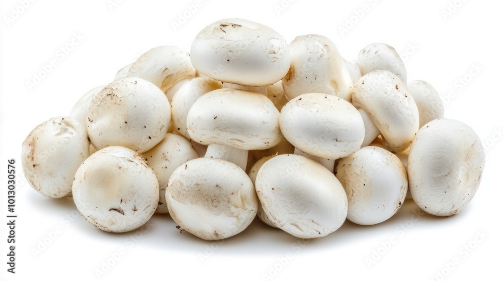Freshly harvested white button mushrooms with clean, round caps, isolated on white Freshly harvested white button mushrooms with clean, round caps, isolated on white