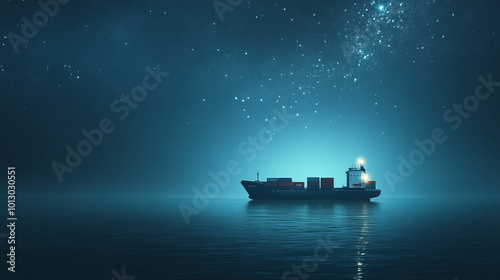 A simple, 3D cargo ship stands out against a dark blue background. It represents the idea of container ships, transportation, logistics, and global shipping. The image looks like a starry night sky. photo