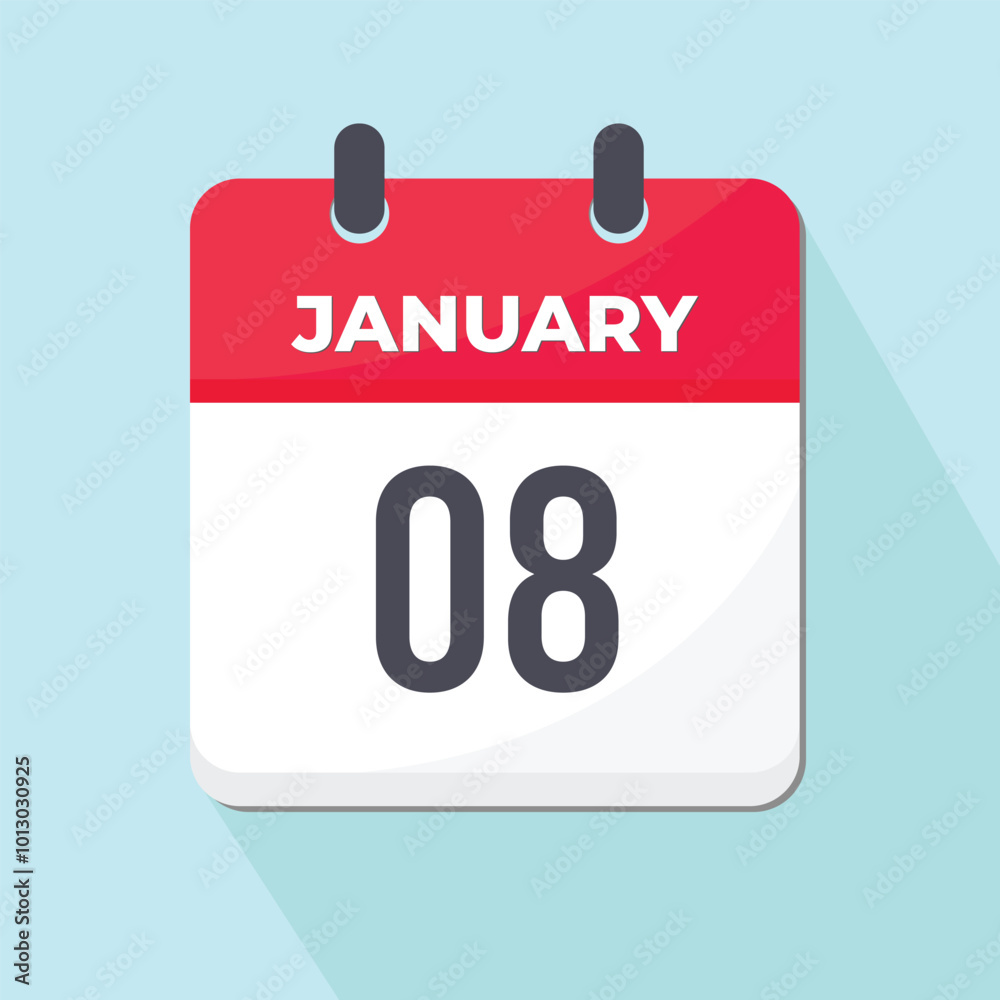 08 January Daily Calendar Icon 3d style red and white with light blue background 08 January Daily Calendar Icon 3d style red and white with light blue background