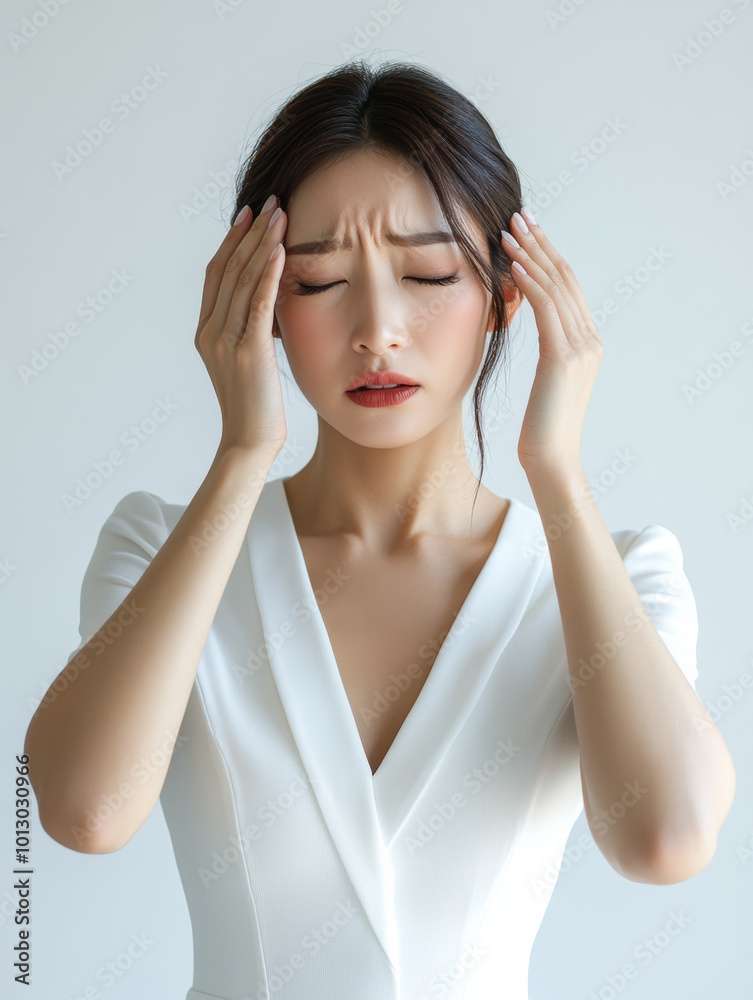 woman in white dress is holding her head, appearing to have headache. Her expression conveys discomfort and stress, highlighting moment of emotional struggle woman in white dress is holding her head, appearing to have headache. Her expression conveys discomfort and stress, highlighting moment of emotional struggle