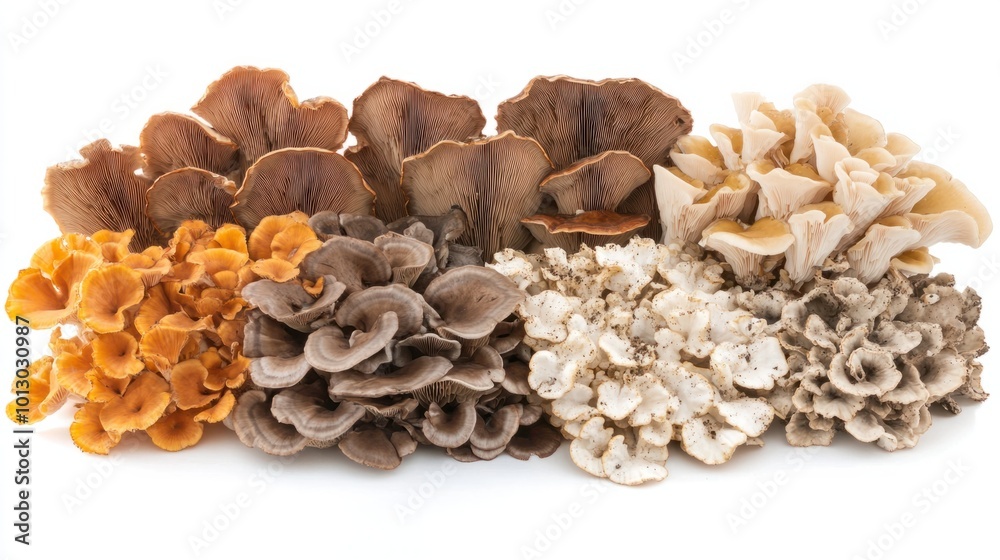 Vibrant assortment of wild and cultivated mushrooms, including oyster and shiitake, isolated on white Vibrant assortment of wild and cultivated mushrooms, including oyster and shiitake, isolated on white