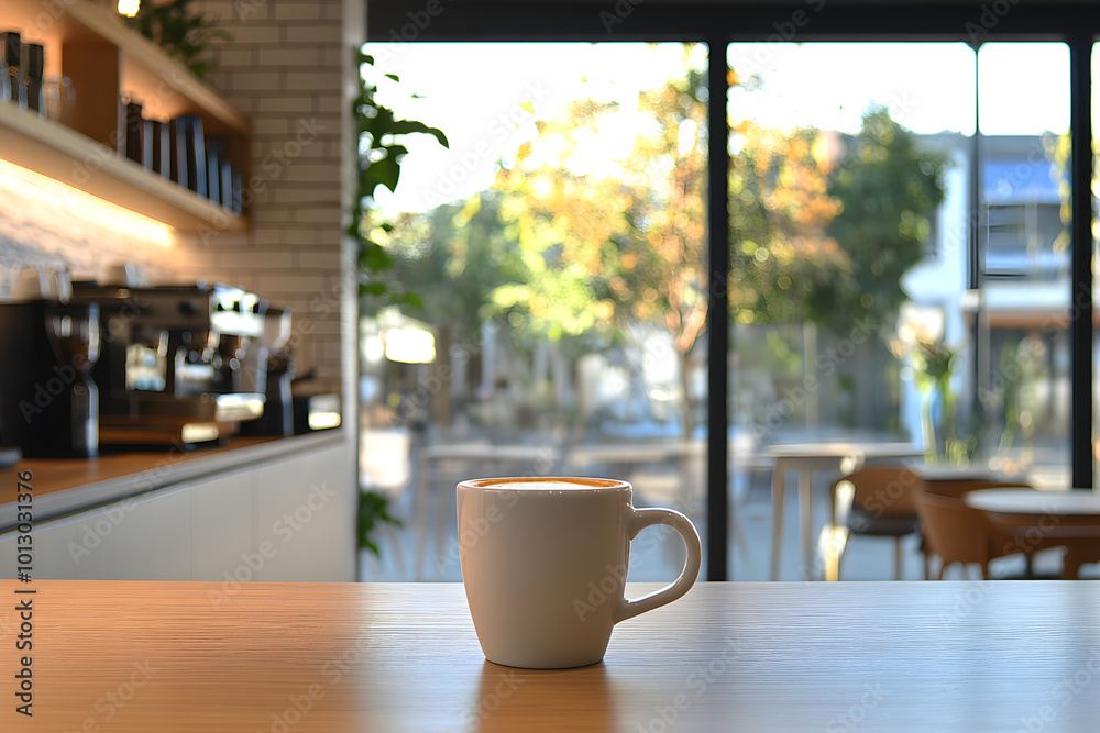Serene Cafe Morning: Coffee Cup with Sunlit Patio View. Serene Cafe Morning: Coffee Cup with Sunlit Patio View.