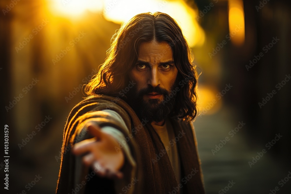 Vertical shot of Jesus Christ reaching out with a blurred background 