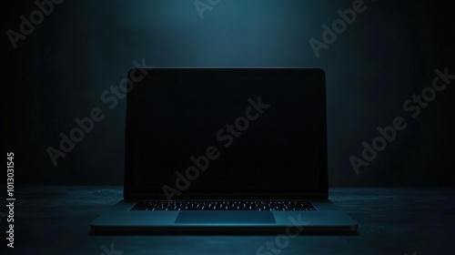 Vertical shot of a half-open laptop isolated on dark background