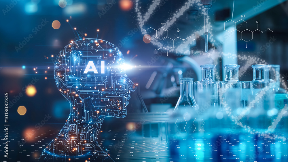 AI technology in the biotechnology field, with a human-like AI head, representing cutting-edge scientific advancements. AI technology in the biotechnology field, with a human-like AI head, representing cutting-edge scientific advancements.