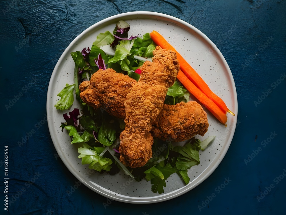 Delicious fried chicken drumsticks served over a fresh green salad with carrots Delicious fried chicken drumsticks served over a fresh green salad with carrots