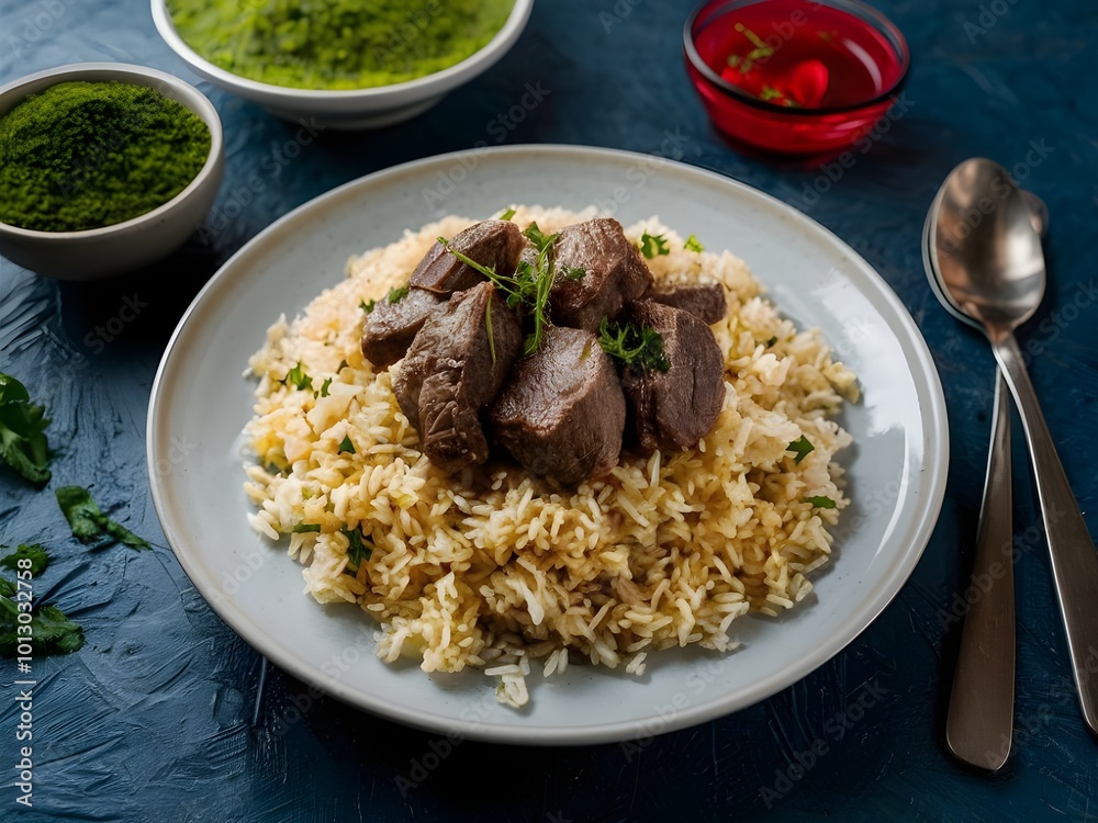 Side view pilaf with stewed beef meat on a plate Side view pilaf with stewed beef meat on a plate