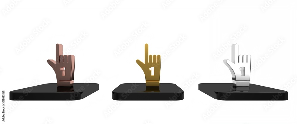 Colorful Number 1 one fan hand glove with finger raised icon isolated on white background. Symbol of team support in competitions. Minimalism concept. 3D render illustration Colorful Number 1 one fan hand glove with finger raised icon isolated on white background. Symbol of team support in competitions. Minimalism concept. 3D render illustration