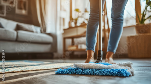 A person showcases their cleaning expertise by mopping the floor with blue and white microfiber cloths in a cozy apartment. Generative AI