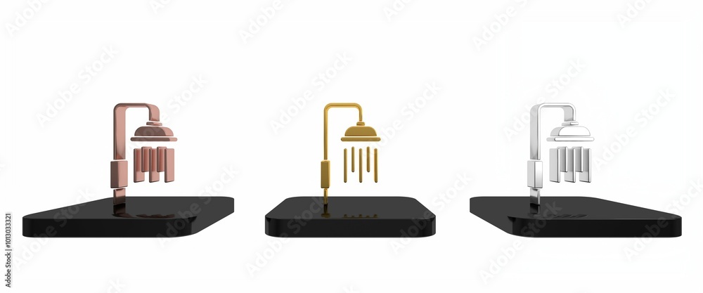 Colorful Shower head with water drops flowing icon isolated on white background. Minimalism concept. 3D render illustration Colorful Shower head with water drops flowing icon isolated on white background. Minimalism concept. 3D render illustration