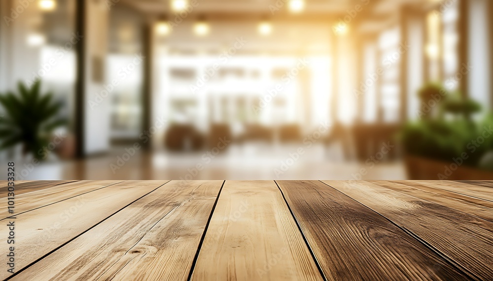 Wooden Tabletop with Blurred Interior Background Wooden Tabletop with Blurred Interior Background