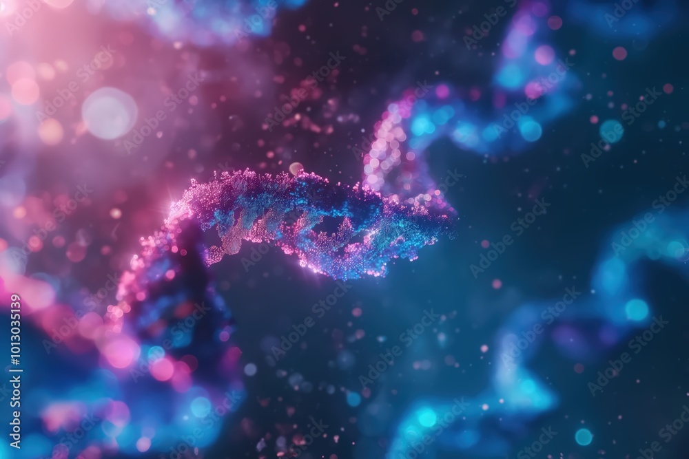 Vibrant 3D DNA helix is glowing in pink and blue strands, highlighting molecular structure and genetics. This abstract scene represents biotechnology, innovation, and scientific research. Vibrant 3D DNA helix is glowing in pink and blue strands, highlighting molecular structure and genetics. This abstract scene represents biotechnology, innovation, and scientific research.