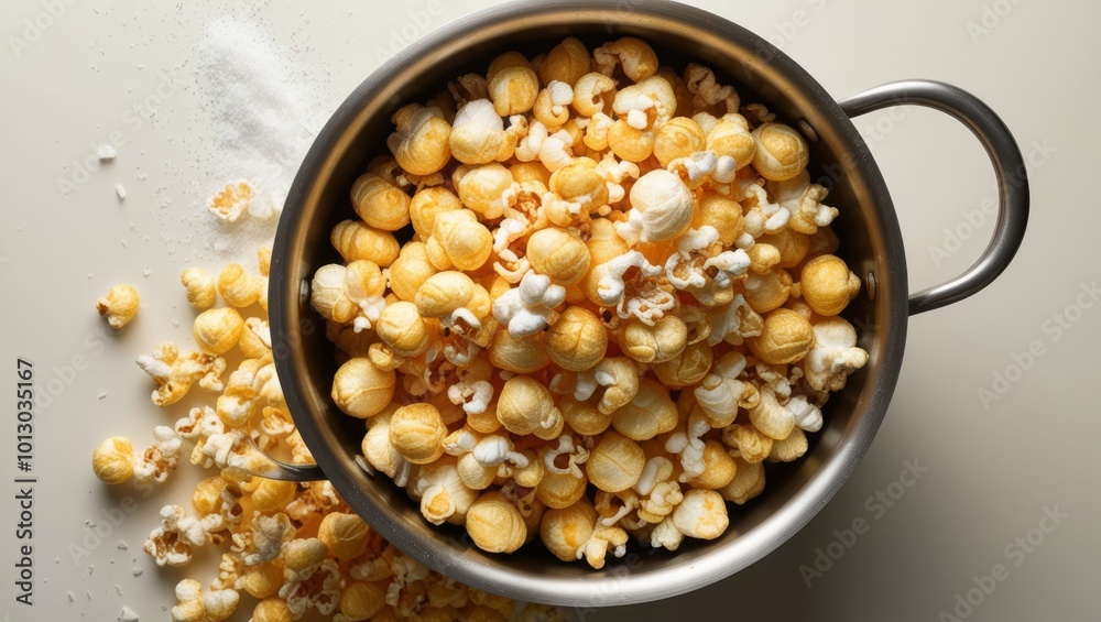 Freshly Popped Popcorn in a Pot, Top View with Salt and Unpopped Kernels on the Side Freshly Popped Popcorn in a Pot, Top View with Salt and Unpopped Kernels on the Side