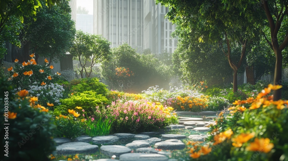 Obraz premium A flourishing green oasis in the heart of a bustling city, filled with an array of wildflowers that add splashes of color to the surrounding concrete jungle, highlighting the significance of natural h