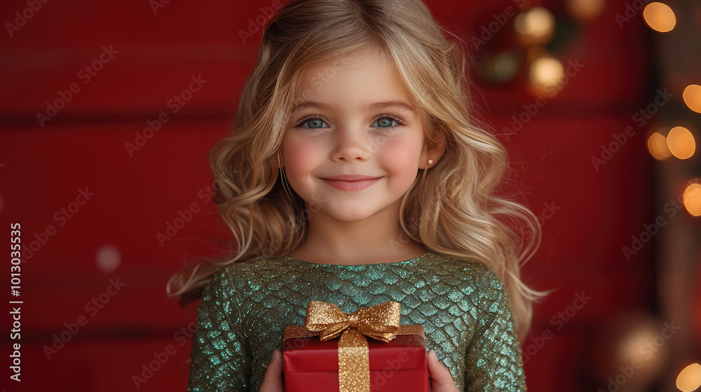 Little smiling blonde girl with curls in festive shiny green dress holds gift box with bow on red background at Christmas. Child celebrates New Year at children's party. Kid receives present Little smiling blonde girl with curls in festive shiny green dress holds gift box with bow on red background at Christmas. Child celebrates New Year at children's party. Kid receives present