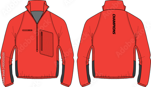Long sleeve soft Shell tech jacket design flat sketch Illustration, jacket with Zipper front and back view, Anorak winter jacket for Men and women. for training, Running and workout in winter.