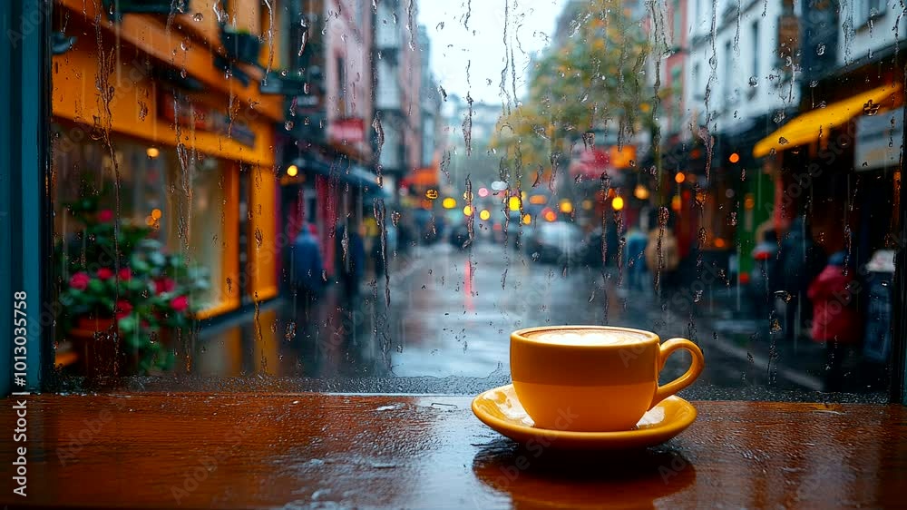 Warm cup of coffee on café window during rainy day overlooking busy street scene. Seamless looping 4k video background