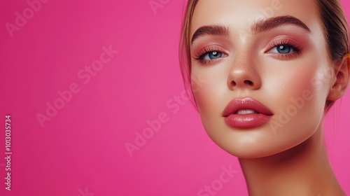 Beauty Concept - Beautiful Caucasian woman with clean skin, natural make-up isolated on bright pink background with copy space