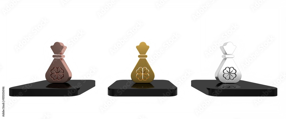 Colorful Money bag with four leaf clover icon isolated on white background. Cash Banking currency sign. Happy Saint Patricks day. Minimalism concept. 3D render illustration Colorful Money bag with four leaf clover icon isolated on white background. Cash Banking currency sign. Happy Saint Patricks day. Minimalism concept. 3D render illustration