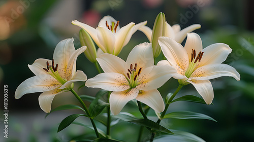 Beautiful white lilies blooming in a tranquil garden during the early morning hours of spring in a serene natural setting