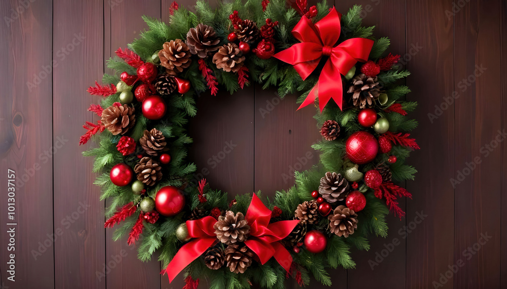 A red and green Christmas wreath adorned with pinecones and festive decorations, capturing the holiday spirit and adding a cheerful touch to any door or wall A red and green Christmas wreath adorned with pinecones and festive decorations, capturing the holiday spirit and adding a cheerful touch to any door or wall