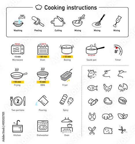 Cooking and preparation instructions. The outline icons are well scalable and editable. Contrasting elements are good for different backgrounds. EPS10.