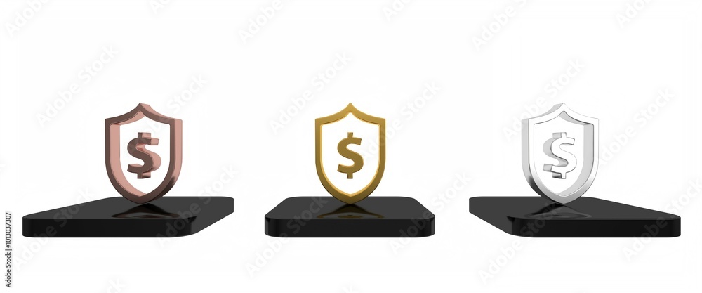 Colorful Shield with dollar symbol icon isolated on white background. Security shield protection. Money security concept. Minimalism concept. 3D render illustration Colorful Shield with dollar symbol icon isolated on white background. Security shield protection. Money security concept. Minimalism concept. 3D render illustration