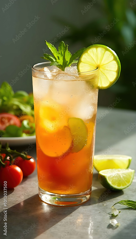 Fototapeta premium A refreshing glass of probiotic soda filled with ice, garnished with fresh fruit slices, showcasing vibrant colors and a fizzy texture, perfect for a healthy and bubbly drink