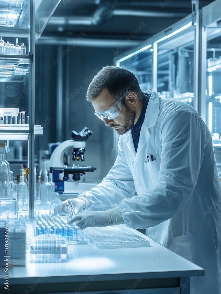 A scientist, dressed in a lab coat and protective gear, is meticulously working with test tubes and samples in a modern laboratory setting. Generative AI