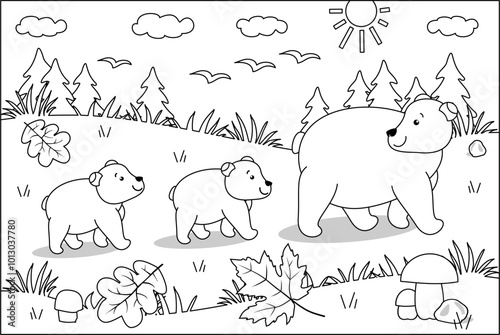 Bear mom and her two cubs are going to their den in autumn coloring page activity
