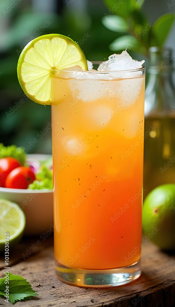 A refreshing glass of probiotic soda filled with ice, garnished with fresh fruit slices, showcasing vibrant colors and a fizzy texture, perfect for a healthy and bubbly drink