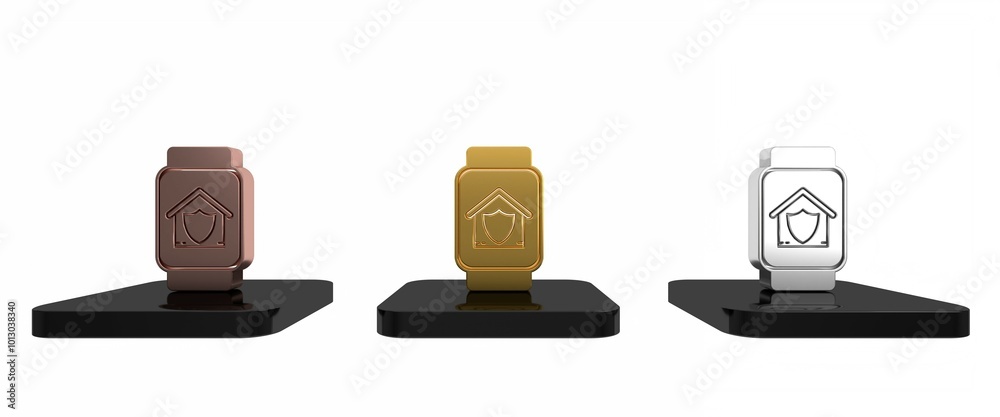 Colorful Smart watch with house under protection icon isolated on white background. Protection, safety, security, protect, defense concept. Minimalism concept. 3D render illustration Colorful Smart watch with house under protection icon isolated on white background. Protection, safety, security, protect, defense concept. Minimalism concept. 3D render illustration