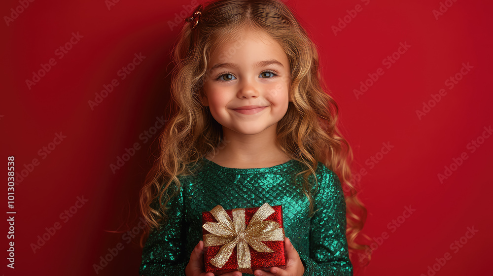 Little smiling blonde girl with curls in a festive shiny dress holds a gift box with a bow in her hands on a red background, Christmas, New Year, holiday, birthday, present, surprise, child, kid, joy Little smiling blonde girl with curls in a festive shiny dress holds a gift box with a bow in her hands on a red background, Christmas, New Year, holiday, birthday, present, surprise, child, kid, joy