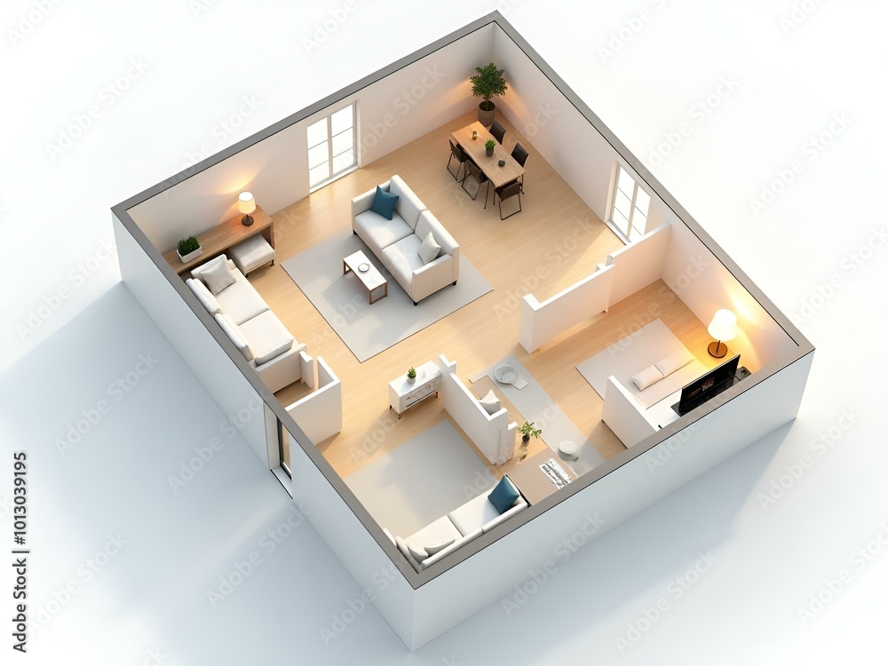 A 3D depiction of a small apartment interior, displaying thoughtfully arranged furniture in a limited space. A 3D depiction of a small apartment interior, displaying thoughtfully arranged furniture in a limited space.