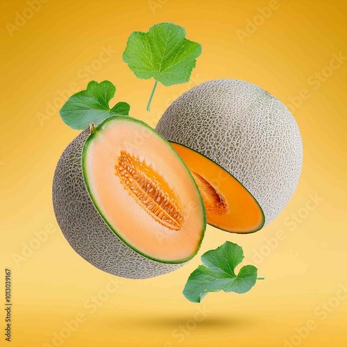 Sweet melon or cantaloupe with leaves falling in the air isolated on yellow background photo