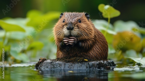 Detailed close-up of a beaver working on its dam, captured in high-definition, with the calm river providing ample copy space in the background