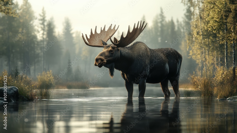 Fototapeta premium A realistic shot of a moose standing in a shallow river, its massive antlers and body captured in detail, with soft reflections in the water creating ample copy space
